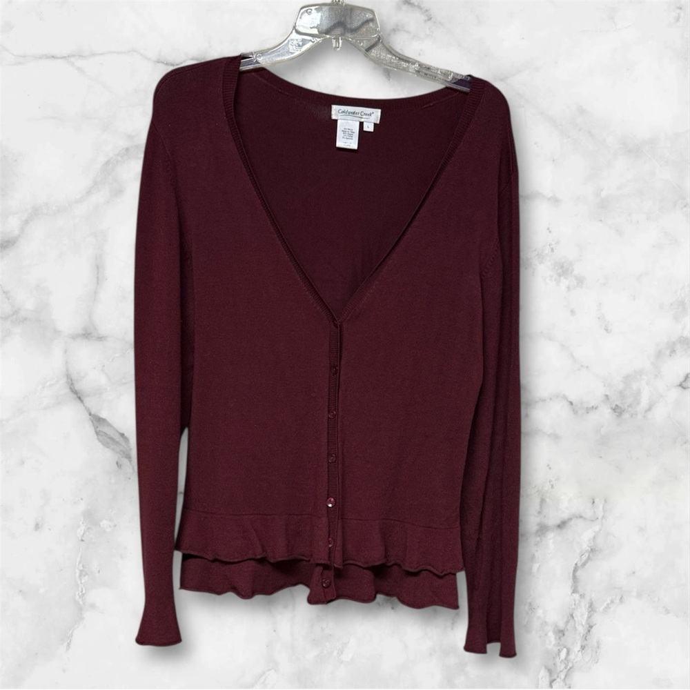 Coldwater Creek burgundy Red Knit cardigan fancy sweater ruffle hem button front